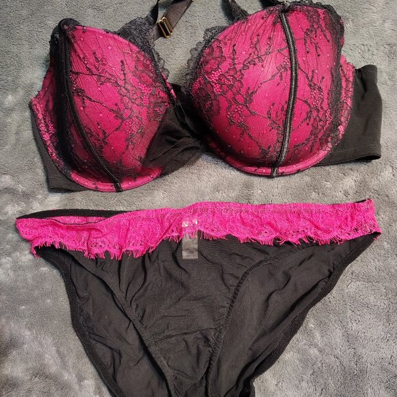 Cacique - Lace/Mesh - Black/Pink - Bra and Panties with bow - Picture 1 of 8